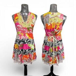 Free People Patchwork Tiered Boho Mini Dress Medium Sleeveless Cinch Back Party